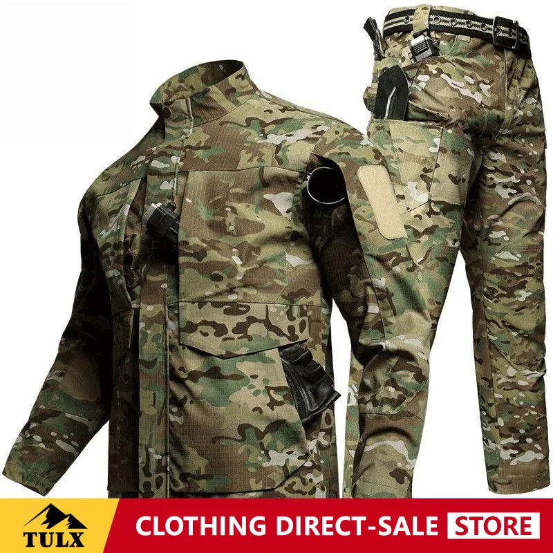 Outdoor Tactical Four Season Camo Long Sleeve Pant Set Mesh Wear-resistant Multi Pocket Work Clothes Scratch Tear Resistant Set