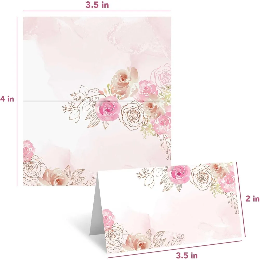 بطاقات مكان الزهور الوردية لإعداد الطاولة، 2 × 3.5 عبوة من 50 بطاقة مكان الزفاف الزهرية، بطاقات اسم الاستقبال الأنيقة، Gol الوردي