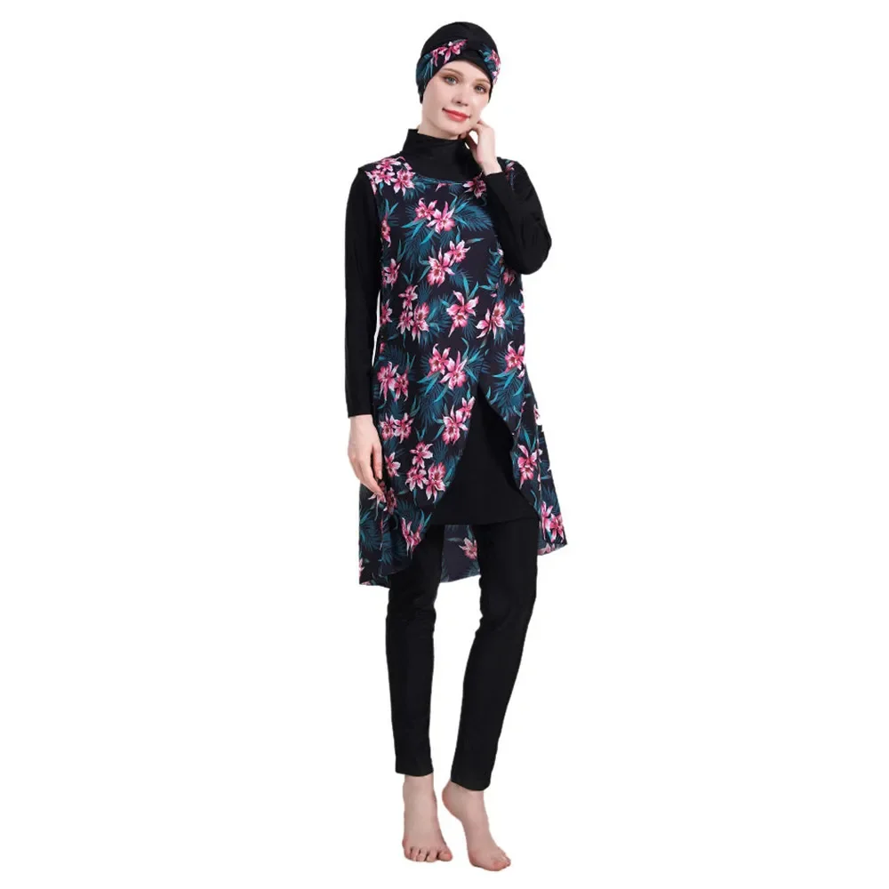 4 Pieces Muslim Swimwear Women Printed Full Cover Hijab Long Sleeves Sport Swimming Islamic Burkinis Wear Bathing Suit Costumes