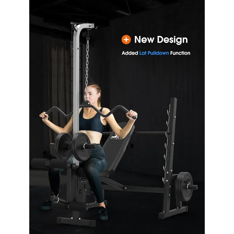 Multipurpose weightlifting gym with lat pulldown pulley system and preacher curl pad, fitness bench press