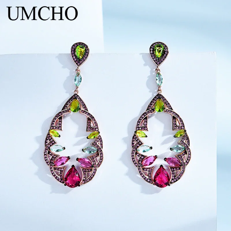 

UMCHO 925 Sterling Silver Jewelry Drop shape Created Colorful Earrings For Women Birthday Gifts Charms Fine Jewelry