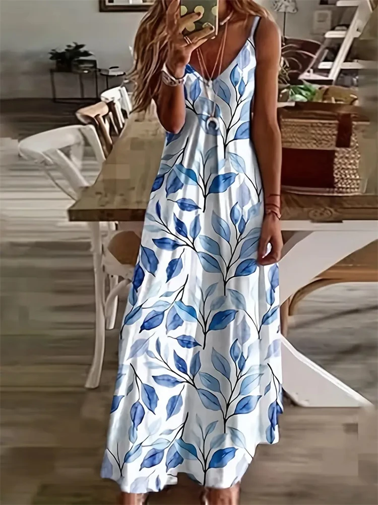 Fashionable Black and White Floral Print Women\'s Dress Sexy Elegant Sleeveless Halter Dress Summer Ladies Home Casual Nightgown