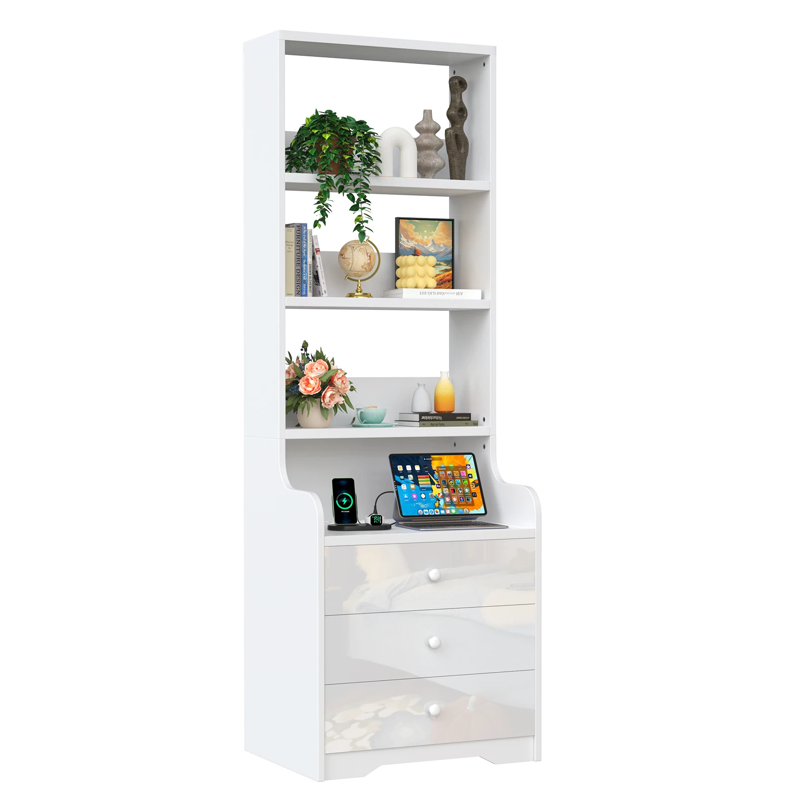 Table de chevet blanche avec 3 tiroirs, table d'appoint moderne haute/table de chevet avec 4 niveaux de rangement ouverts pour chambre à coucher et salon