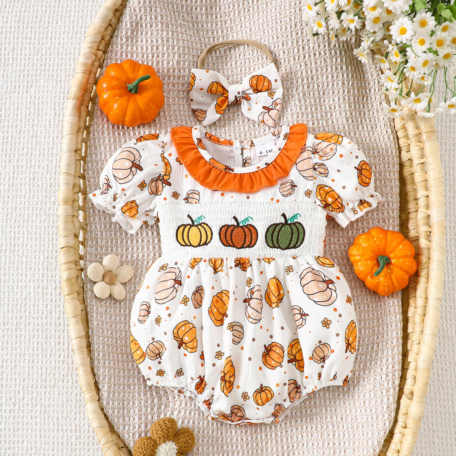 

Newborn Baby Clothes Girl Cotton Pumpkin Print Romper Ruffle Collar Onesie with Headband 0-2Y Baby Bodysuit Cute Fall Outfit