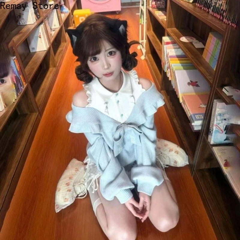 Korean Fashion Style Sexy Sweet 2 Piece Set Women Chic Bow Sweater Tops + Lace Mini Skirt Japanese Lolita Y2k Autumn Outfits New image 2