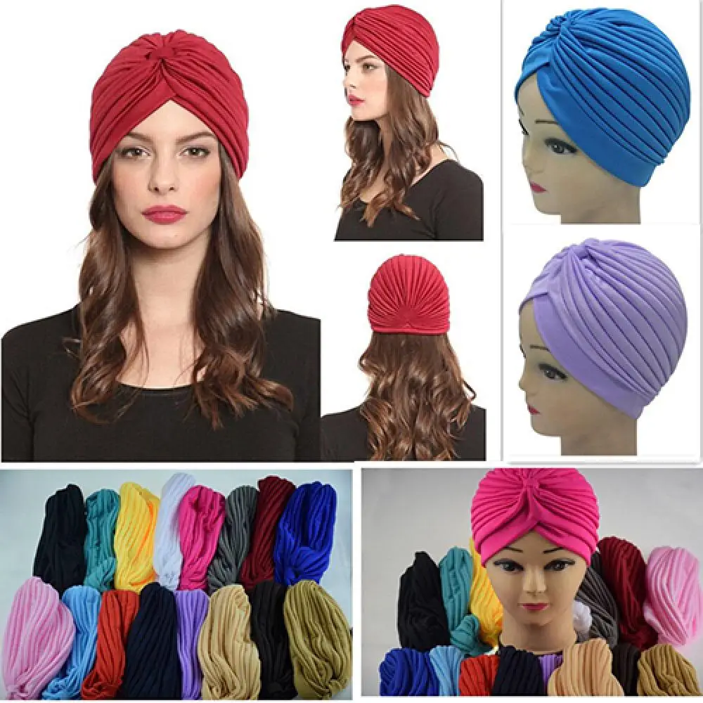 Pleated Hat Women Stretchy Hat Turban Head Wrap Band Chemo Bandana Hijab Pleated Indian Yoga Pull-head Stretch Headband Beanies