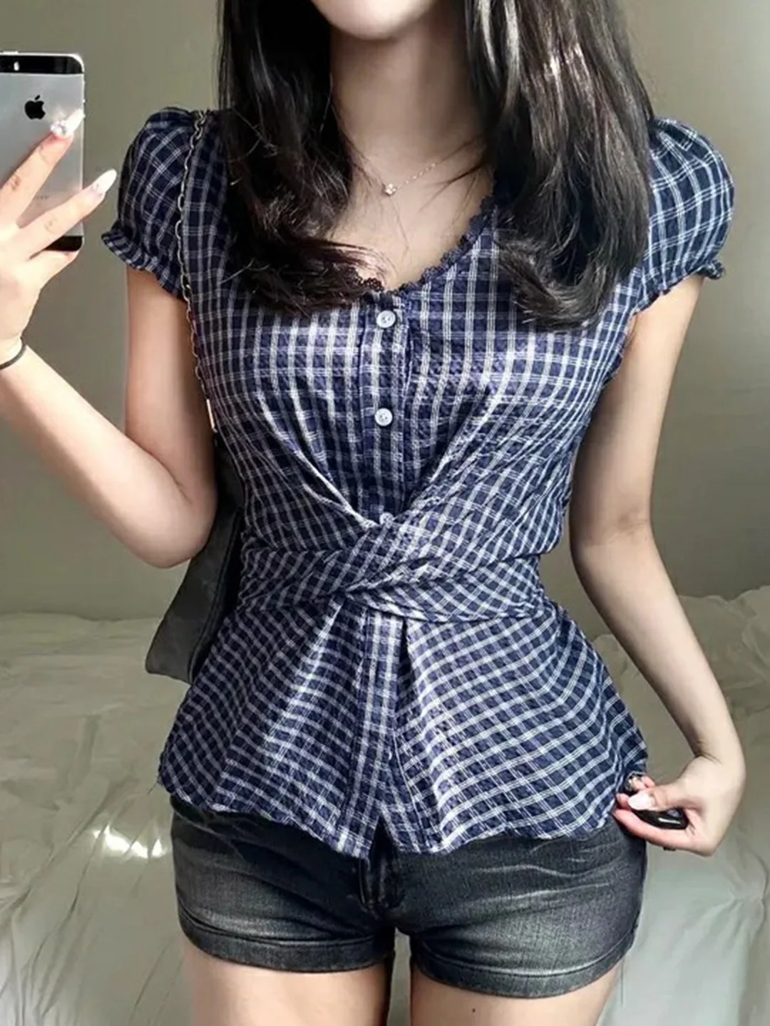 

Slimming Checkered Short Sleeve Shirt Women's V-neck Lace Trim Belt Design Summer New Style Fashionable Casual Top