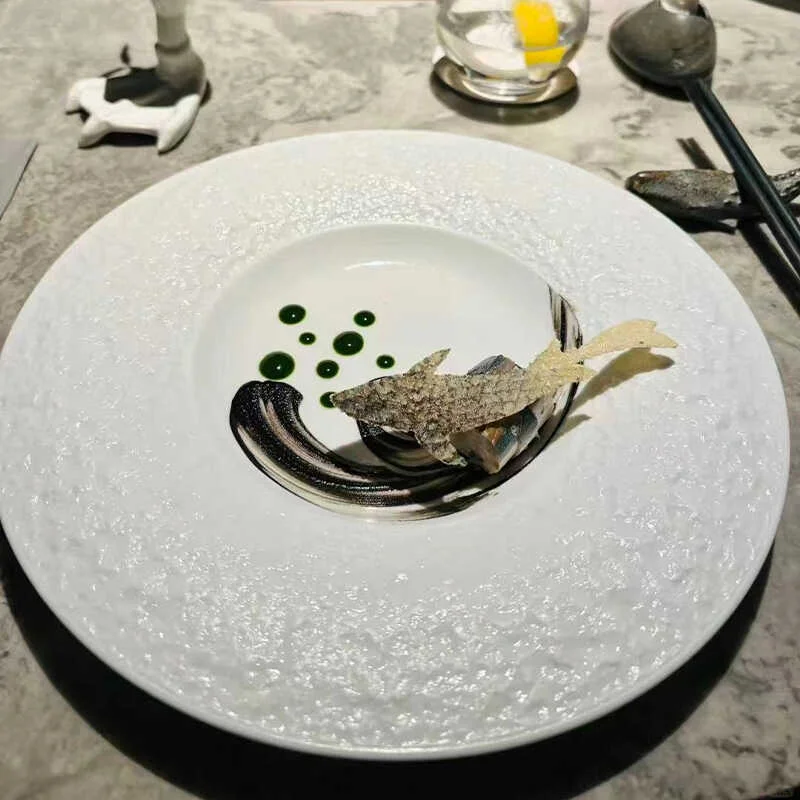 

High-grade luxury white western-style food plate Hotel pasta plate Rock-grain ceramic cuisine artistic conception dish plate