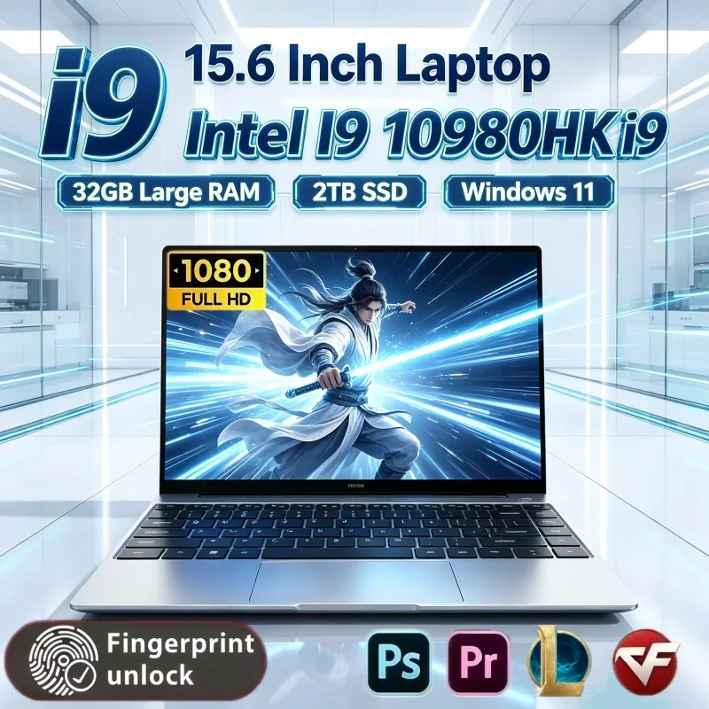 15.6 Inch Portable Notebook Intel Core I9 10980HK Windows11 32GB RAM 2TB SSD Fingerprint Unlock PC For Daily Home Use
