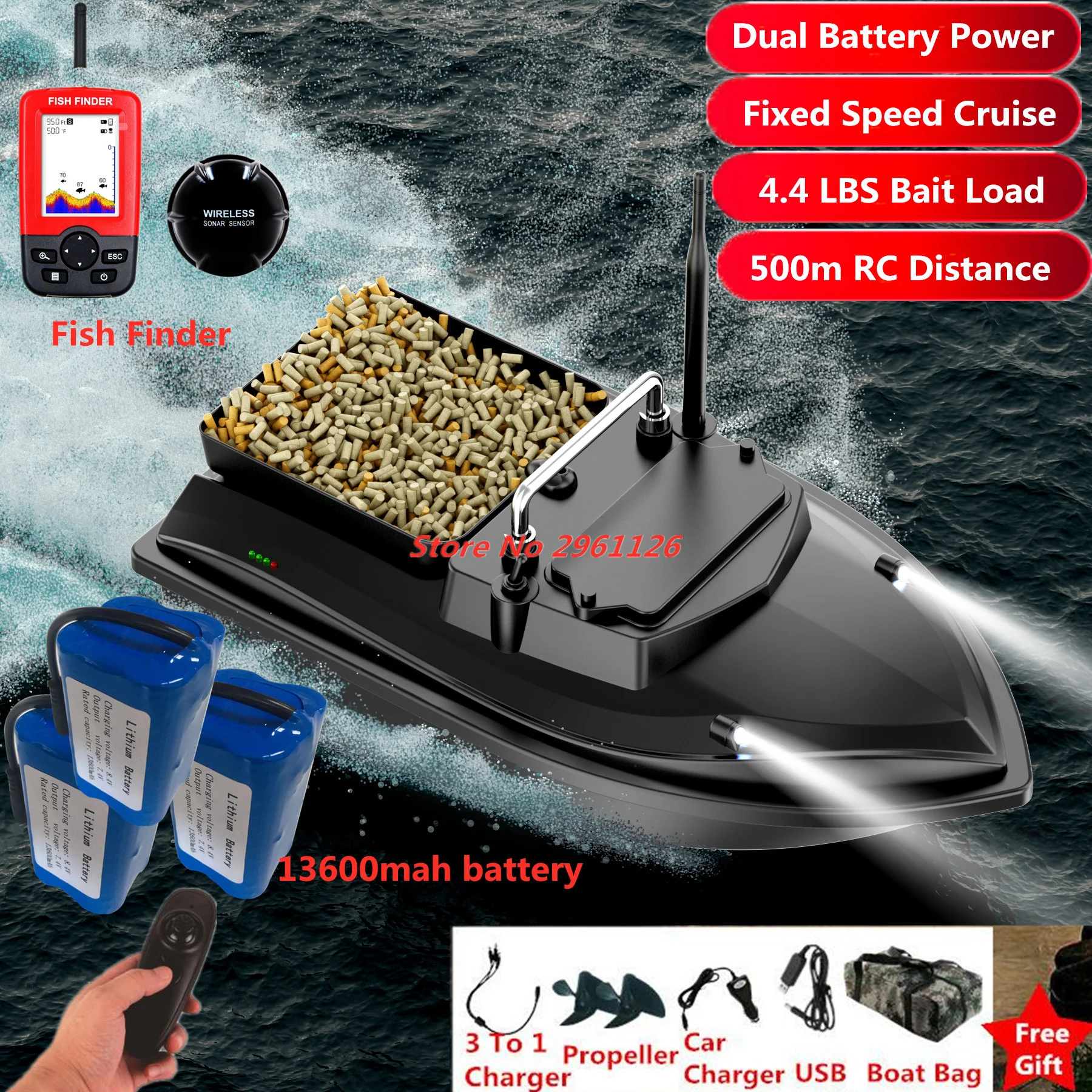 

500m 2KG Loading RC Bait Boat Dual Motor Fish Finder Dual Battery Power Supply RC Fishing Bait Boat Fixed Speed Cruise Nest Boat