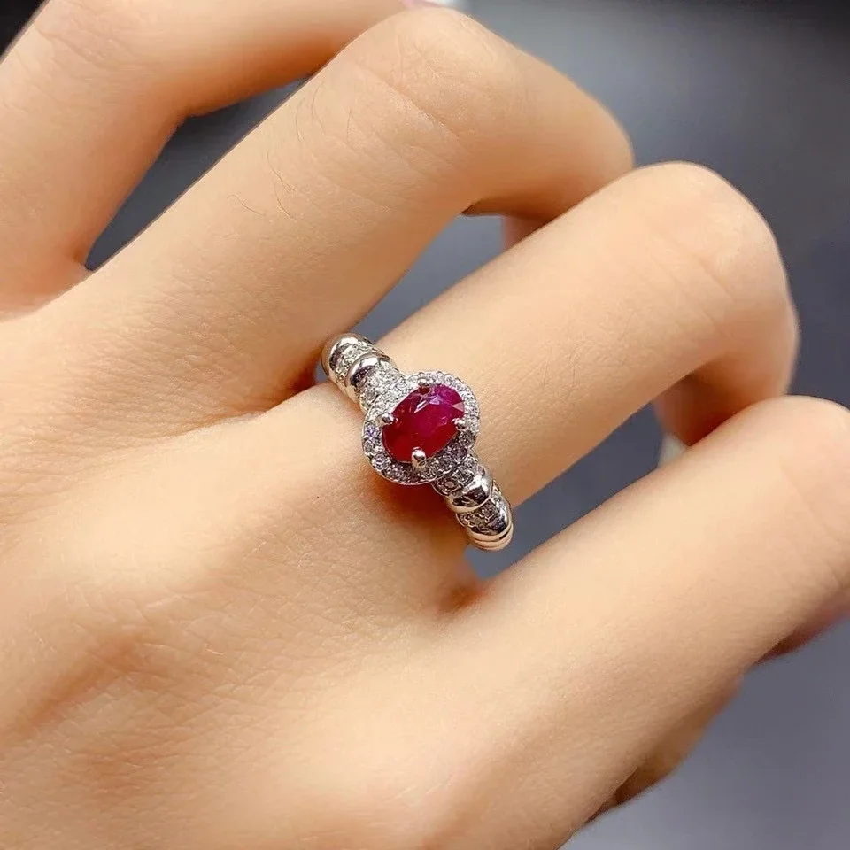 Lovely 925 Sterling Silver Natural Ruby Ring 4mm*6mm 0.5ct Genuine Ruby Jewelry with 3 Layers 18K Gold Plating