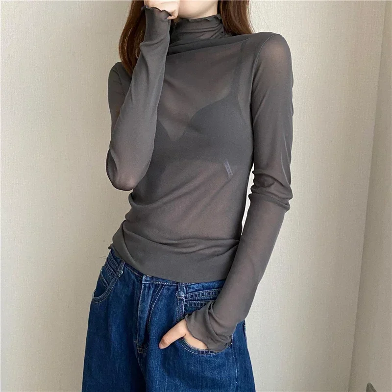 Hot Women Mesh Tops Long Sleeve High Neck Lettuce Edge Solid Color Slim Fit Sheer Beach Sexy Tops Perspective Gauze