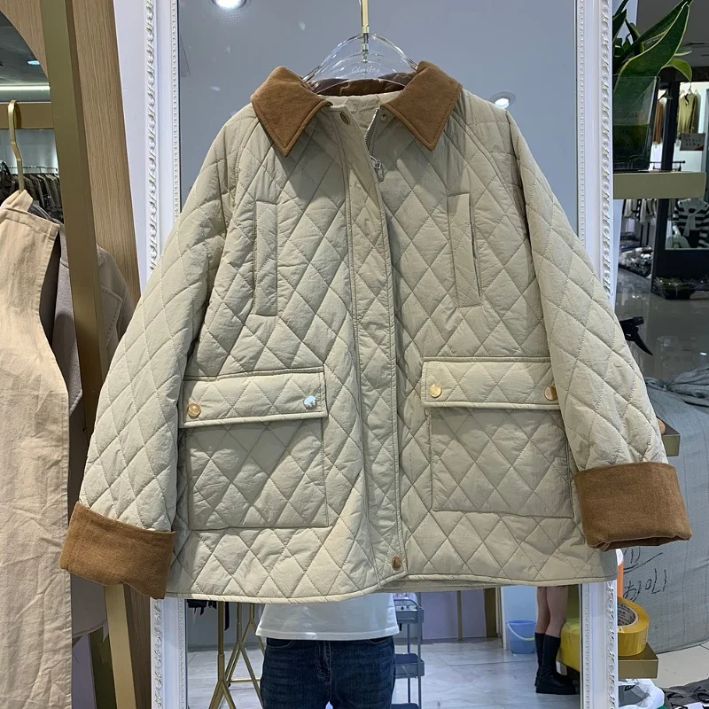 

Loose Women's Retro Cotton Jaet Color Blo Winter Coat Korean Sle Collar Single Button Long Sve Thiened Polyester