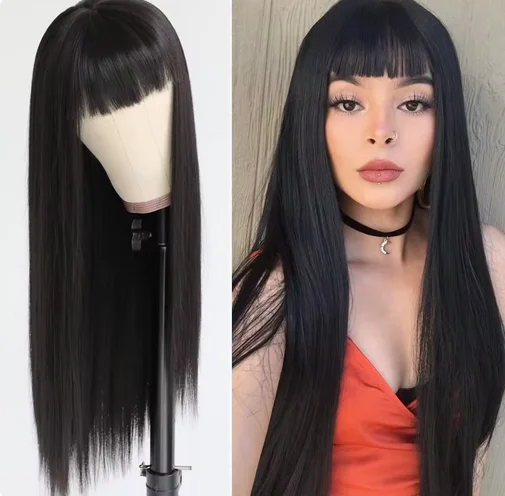 Peluca de pelo sintético negro de 28 pulgadas con flequillo completo peluca larga y recta pelo suave Natural tocado de seda resistente al calor para mujeres