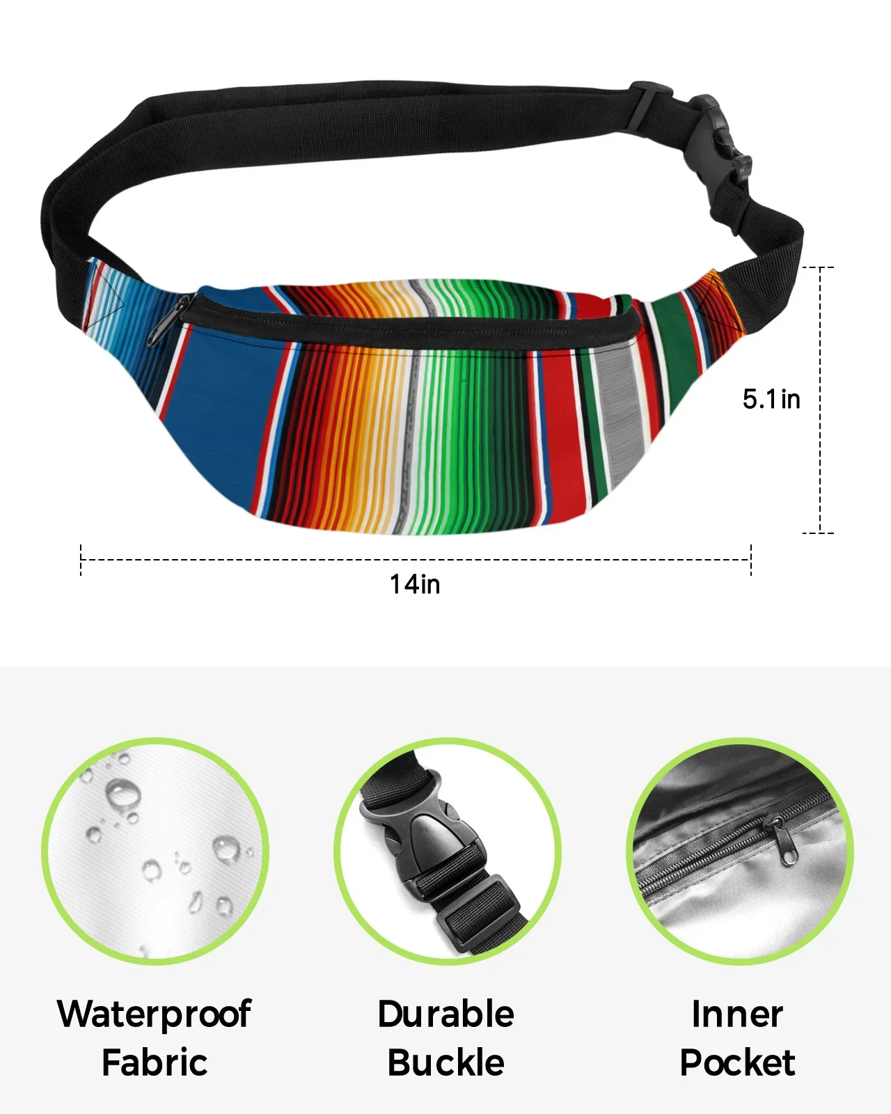 Mexican Stripes Colorful Stripes Waist Packs Shoulder Bag Unisex Messenger Bag Casual Fashion Fanny Pack for Women