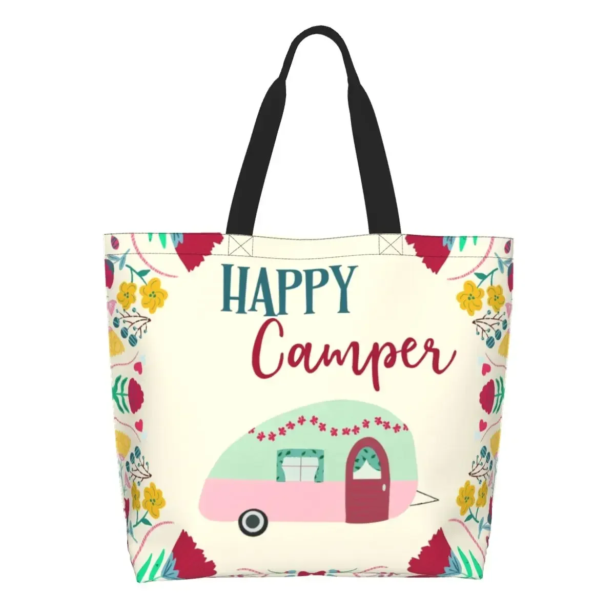 

Happy Van Life Groceries Tote Shopping Bag Women Cartoon RV Camping Canvas Shoulder Shopper Bags Large Capacity Handbag