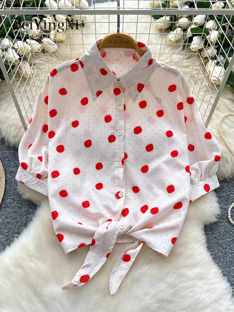 

Beiyingni 2025 Women Casual Shirts Dots Print Bandage Loose Lantern Sleeve Blusas Female French Elegant Slim Korean Chic Tops