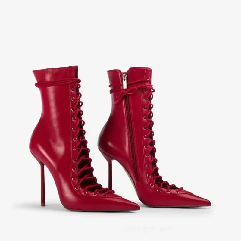 2025 Pointed Hollow Cross Tie Thin High-heeled Cool Boots for Women, Sexy Mesh Fabric Plus Size Fashion High Leg Knee Boots