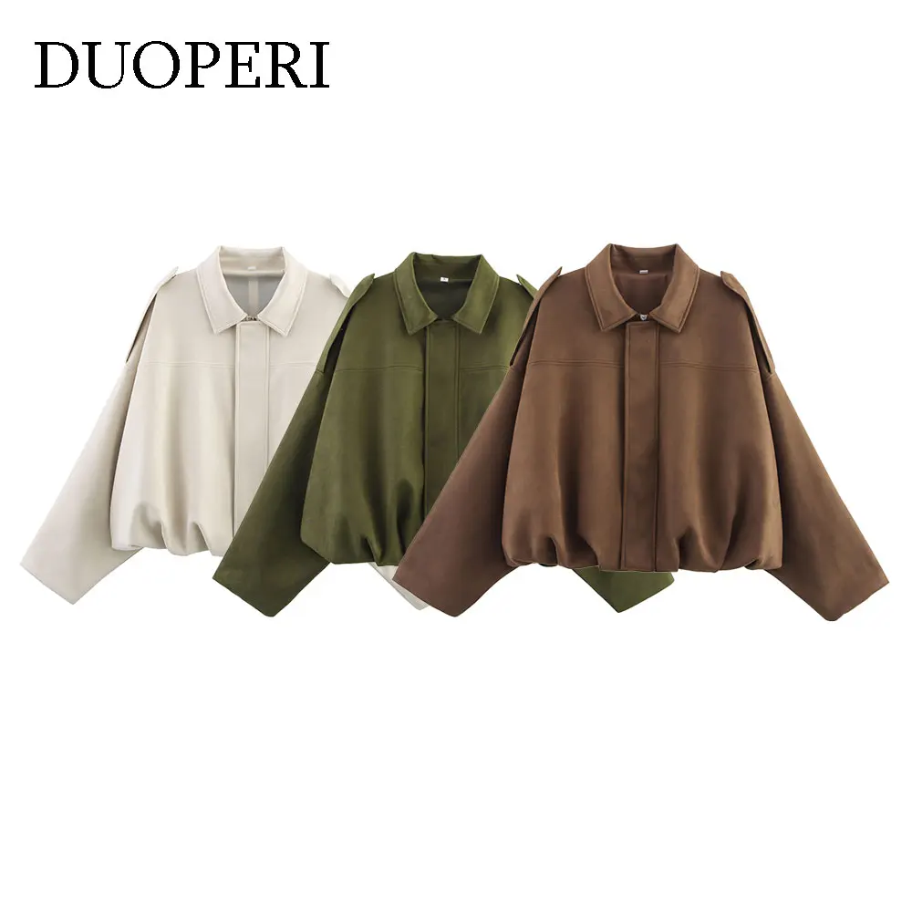 

DUOPERI Women Fashion Solid Front Zipper Bomber Jackets Casual Lapel Neck Long Sleeves Female Elegance Chic Lady Outfits