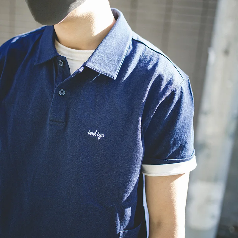 Polo Vintage japonés Maden para hombre, camiseta informal de manga corta, 100% algodón, con bolsillo, azul Klein, Tops de verano