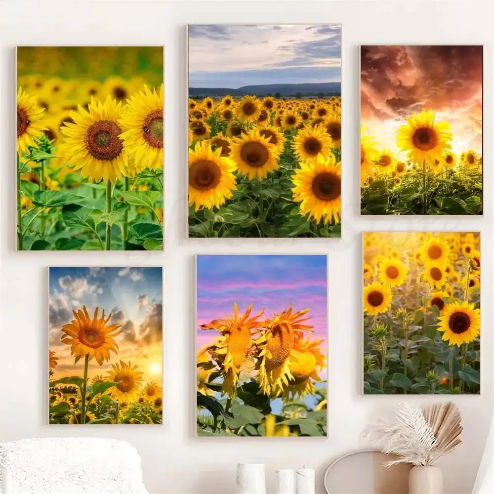 Retro Sunflower Field Posters Living Room Bar Cafe Quality Canvas Vintage Style Comics Painting Art Home Wall Decor Picture