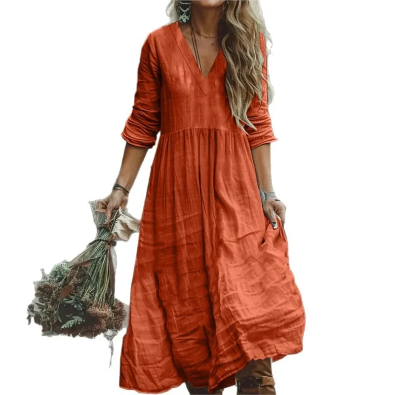 Casual cotton and linen V-neck long sleeved solid color loose dress for spring autumn women fashionable and elegant long skirt