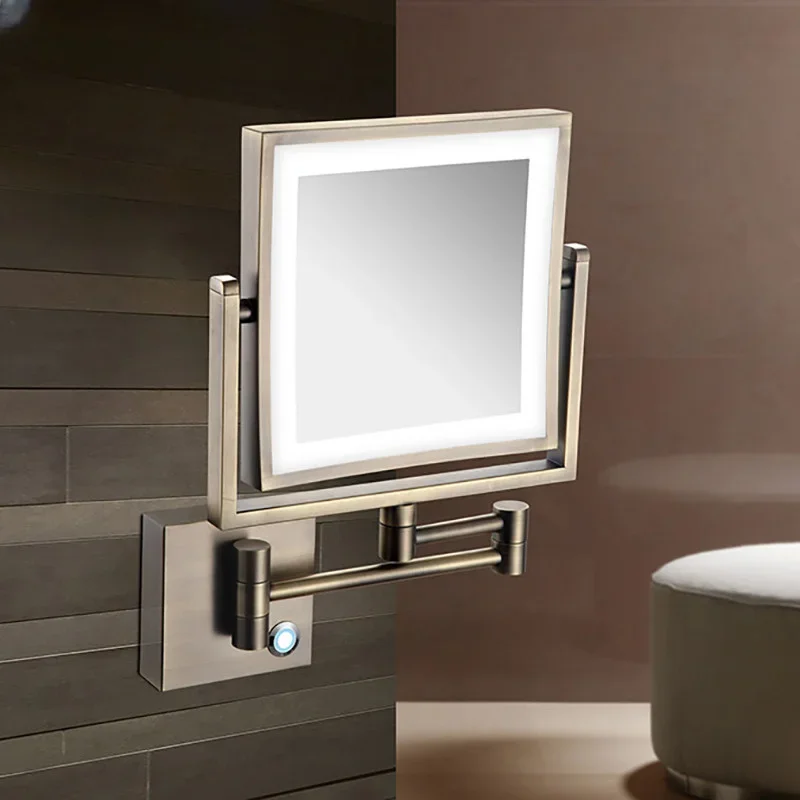 Magnifying Bathroom Mirror Hunnise Quality Brass Gold Home Hotel Bathroom Makeup Mirrors Wall Mounted LED Folding Makeup Mirrors