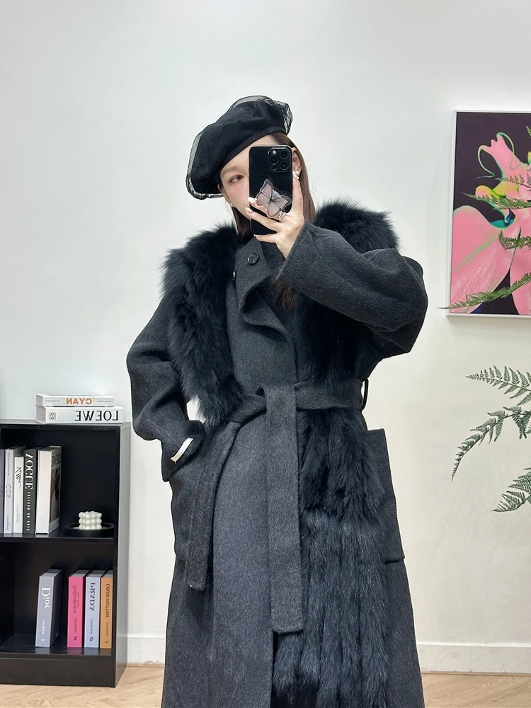 2023 New Women Winter Jacket Real Fur Coat Natural Fox Fur Collar Long Cashmere Wool Woolen Ladies Outerwear Streetwear