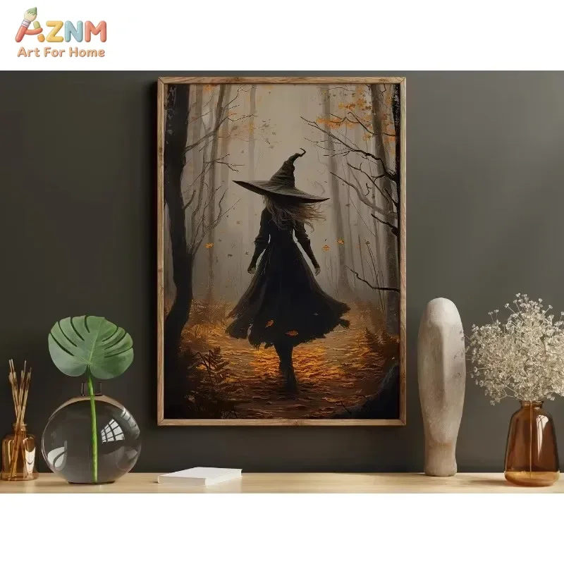 AZNM Three Witches Walking in Autumn Forest Frameless Canvas Print, Vintage Halloween Oil Painting Poster for Home Wall Decor