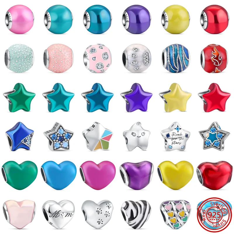 

925 Silver Pink Blue Purple Yellow Red Green Colorful Round Heart Stars Beads Fit Pandora Original Charms Bracelets Fine Jewelry