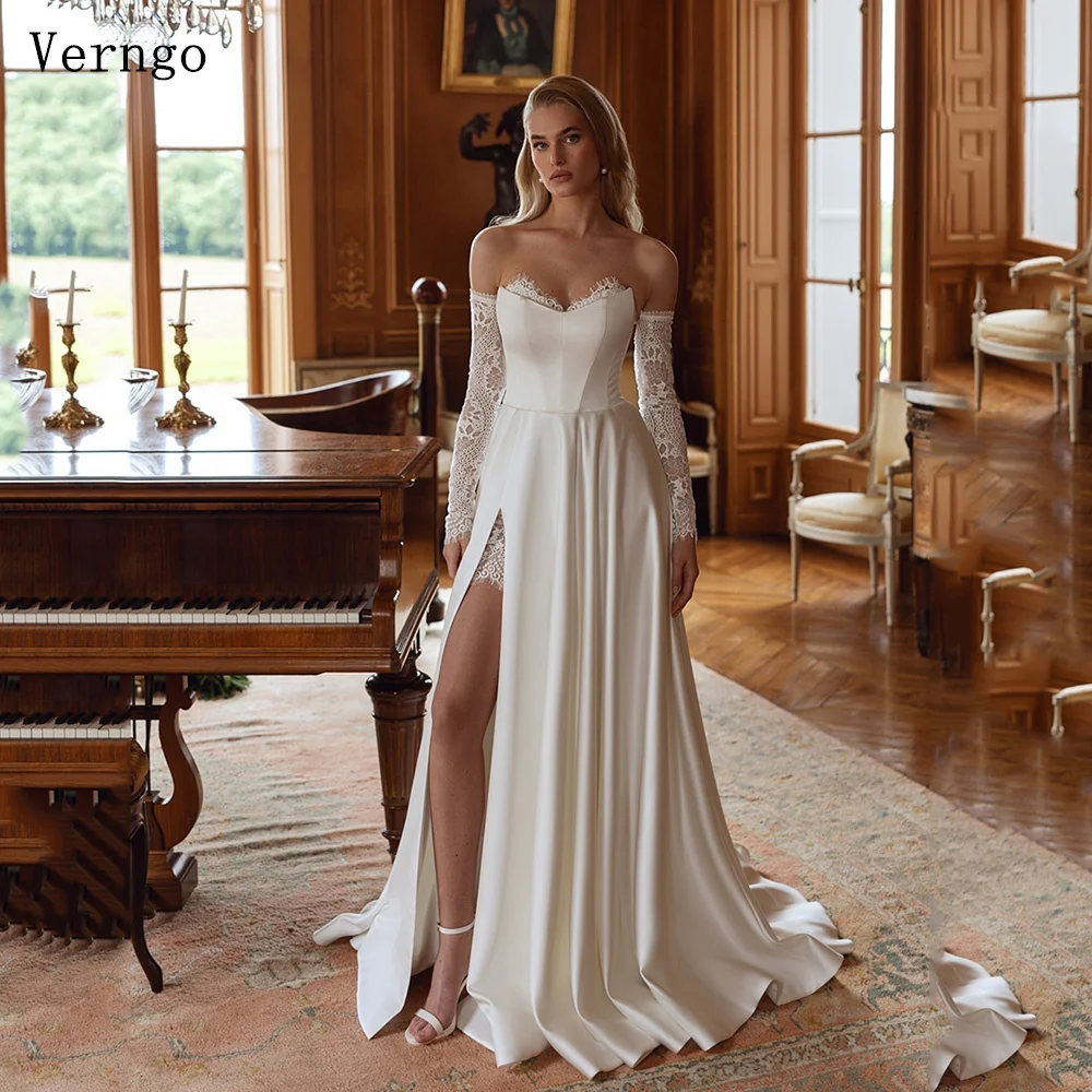 Verngo Satin Lace Appliques Bride Gowns Sweetheart A Line Side Slit Wedding Dress Zipper Back Bridal Dresses vestidos de novia