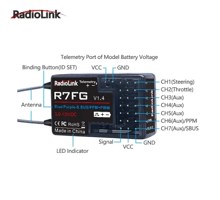 Radiolink RC6GS V3 2,4 G 7-Kanal-RC-Funksender und Gyro-Empfänger R7FG Neue verbesserte Fernbedienung für RC-Car-Boot