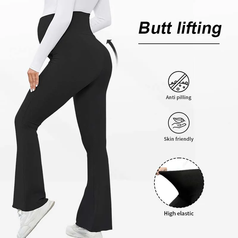 Maternity Clothing Flared Pants High Waisted Butt Lifting Side Pockets Soft Trousers Casual Leggings For Pregnant Women S-XL