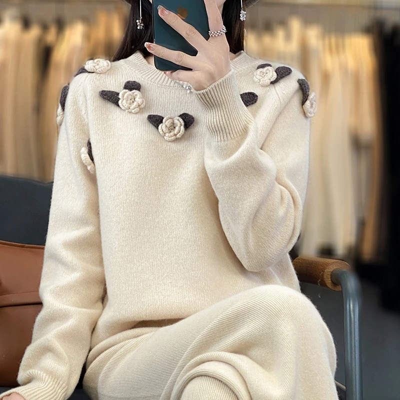 Women Suits Sweater+Wide Leg Pants 100% Wool Knitting Pant Autumn Winter Solid Color Soft Warm Pullovers for Female YP01