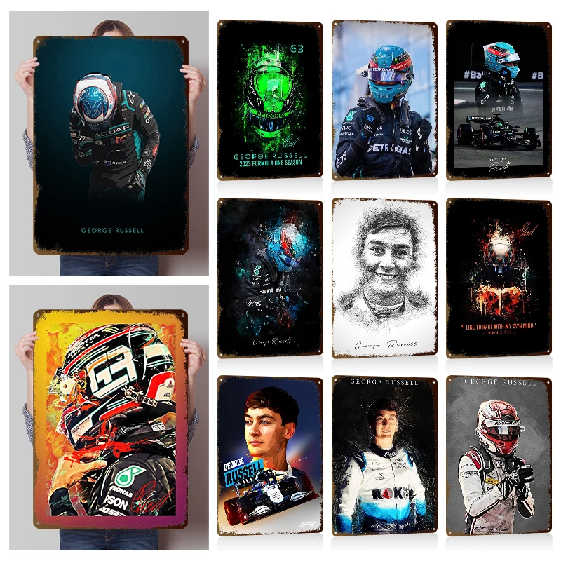 George Russell Racing Driver Wall Art Metal Posters Customizable Vintage Metal Tin Signs for Fans Man Cave Bathroom Decor Room