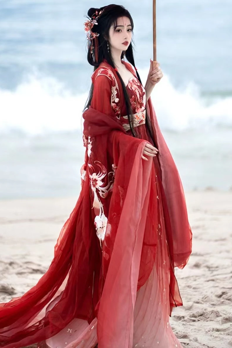 Retro Hanfu Tang Dynasty Embroidered Large Sleeve Shirt Hezi Skirt Spring And Autumn Red Set