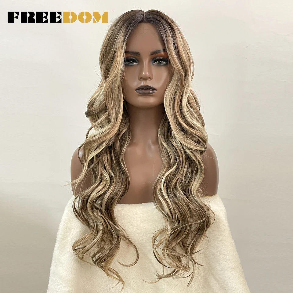 FREEDOM Synthetic Lace Wigs For Black Women Highlight Orange Ginger Blue Red T Part Lace Wig Ombre Brown Long Wavy Cosplay Wigs