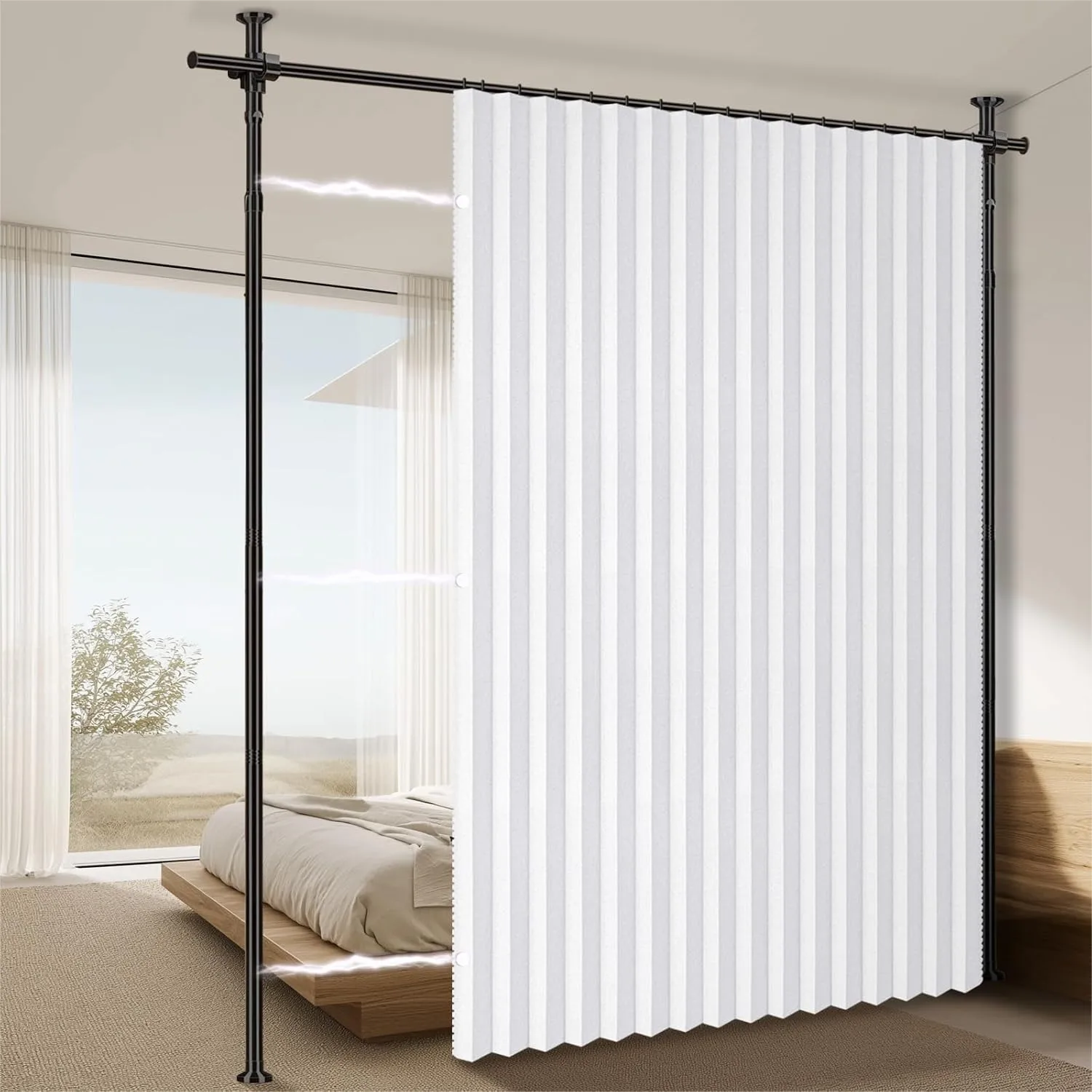 100% Blackout Room Divider Curtains Set White W100 x L96 in 1 Panel No Drill Tension Rod for Office Privacy Partition