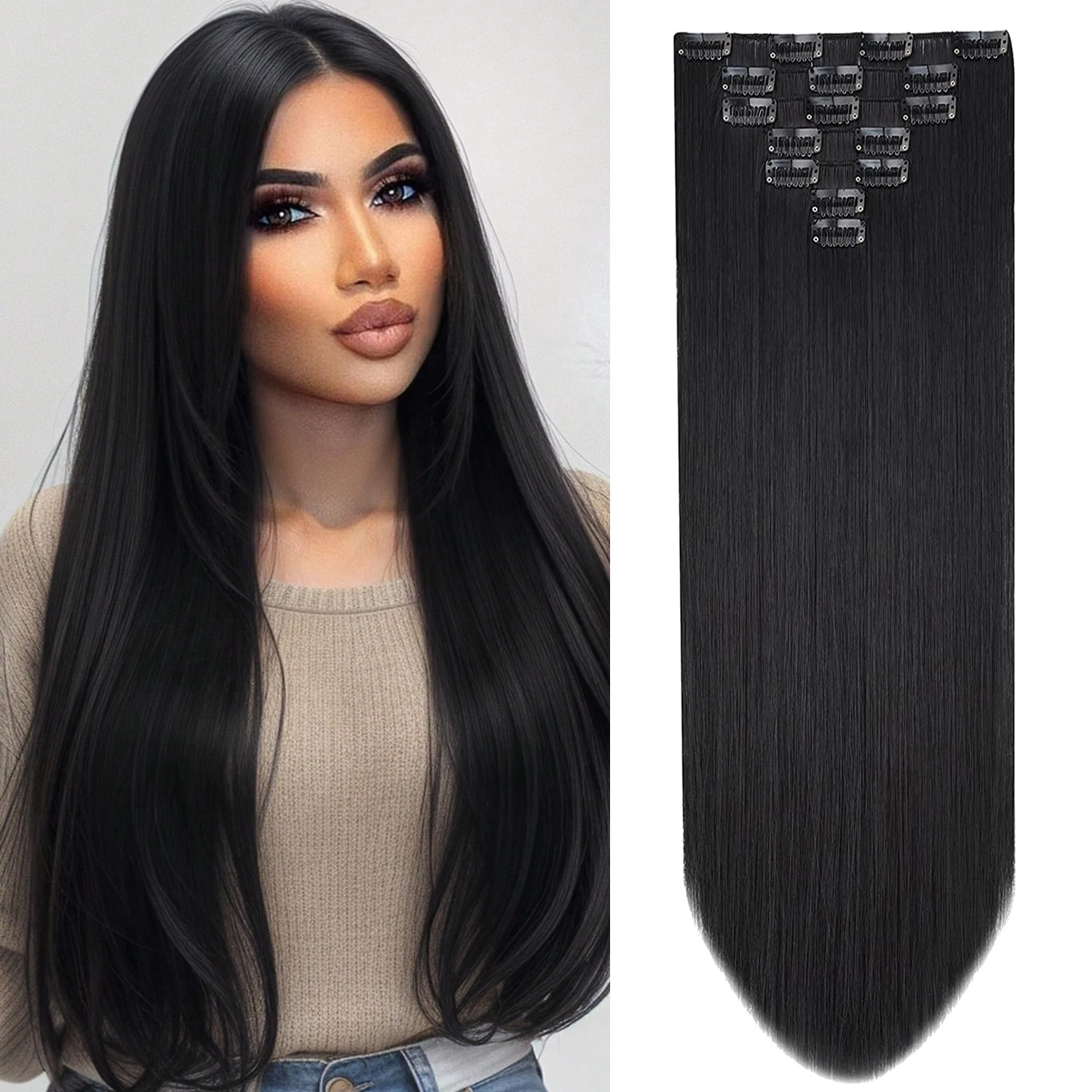 7PCS Clip In Hair Extensions Light Multicolour 16 CLips 22 Inch Long Straight Hair Extension For Girl Women Synthetic Hair