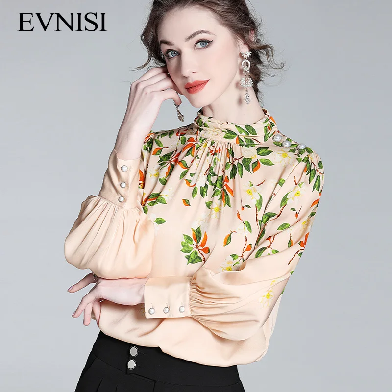 

EVNISI Silk Printing Top Women 2022 Spring New French Elegant Blouse Loose Lantern Sleeve Casual Office Lady Blouse