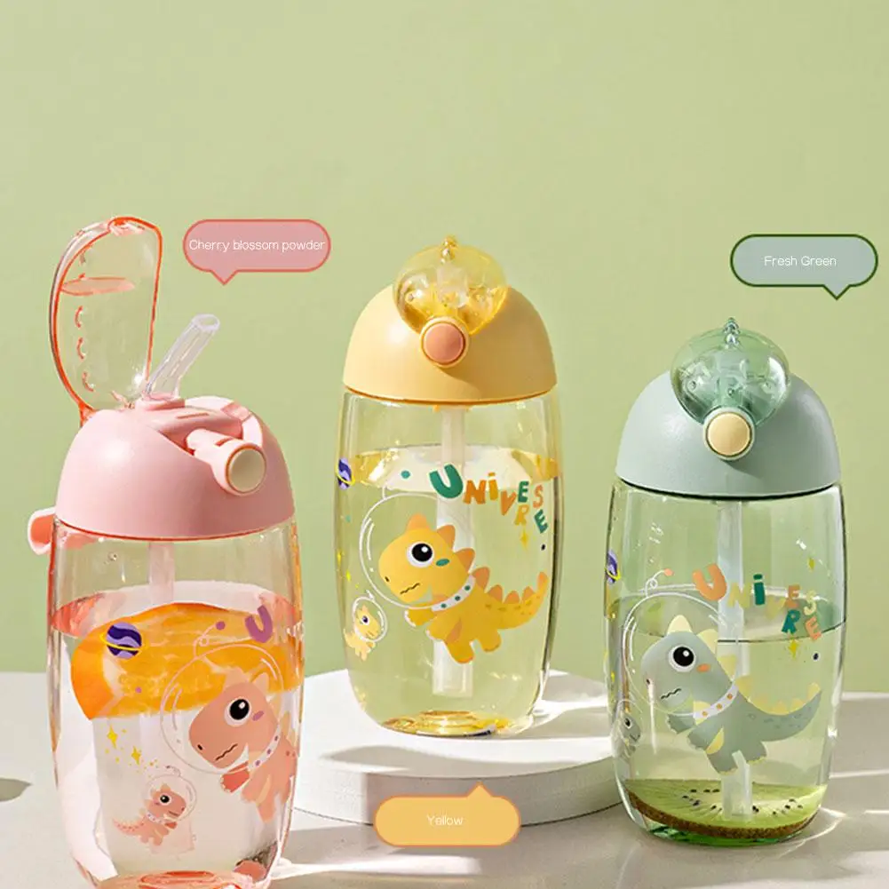 500ML Children's Water Bottle For School New Space Cup Anti Fall Straw Cup Portable Cartoon Dinosaur Sippy Cup With Lids