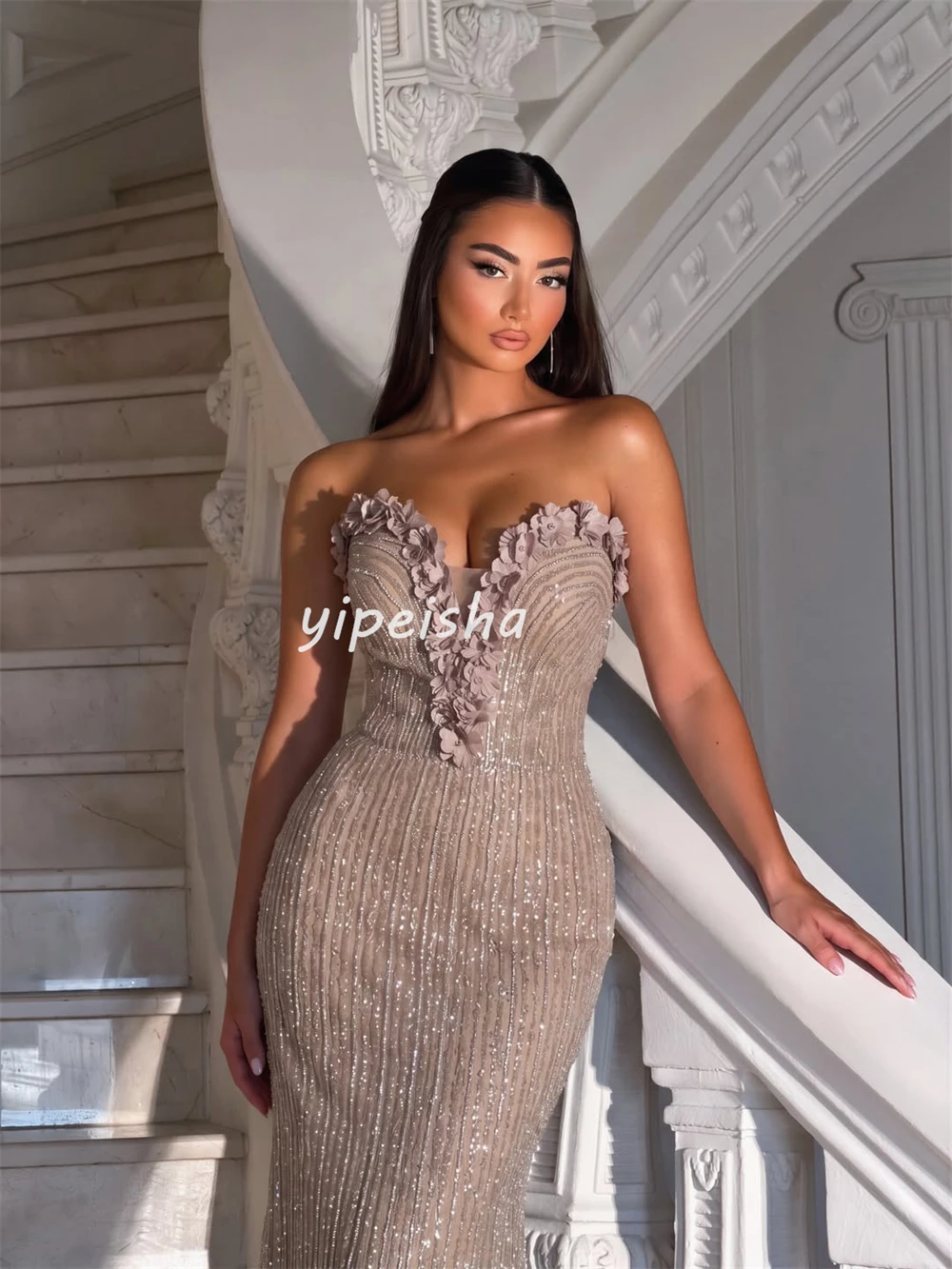 Customized Luxury Women Tulle Beading Handmade Flower Straight Evening Dresses Formal Sexy Sweetheart Floor Lenght Prom Dresses