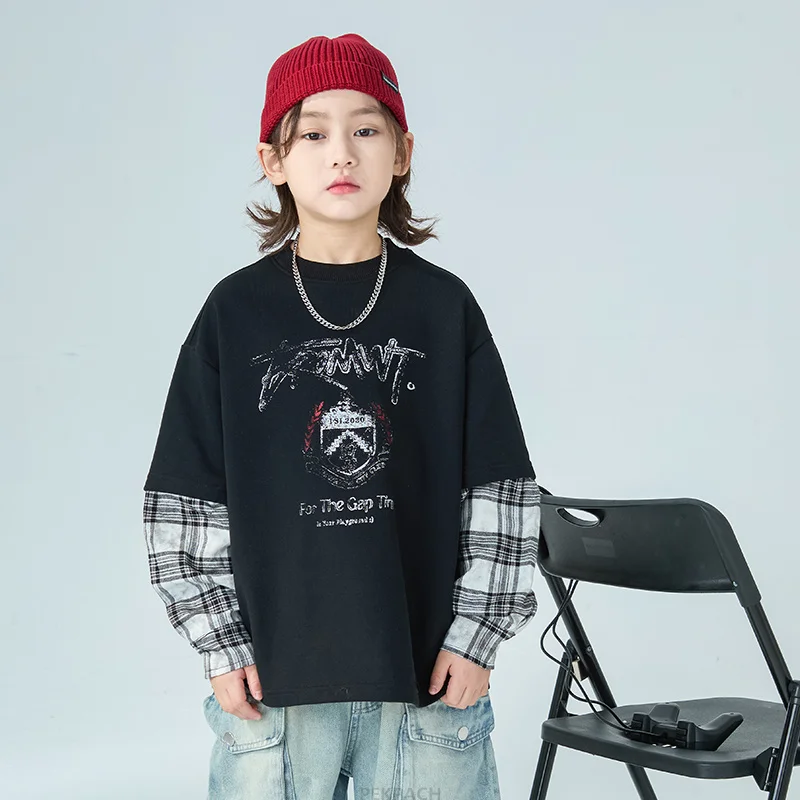 Cool Kids Tops Cotton Sweatshirt Korean Fake 2 Pieces Outerwear Fashion Casual Spring Autumn Big Boy Child Long-Sleeved Clothes - view 4