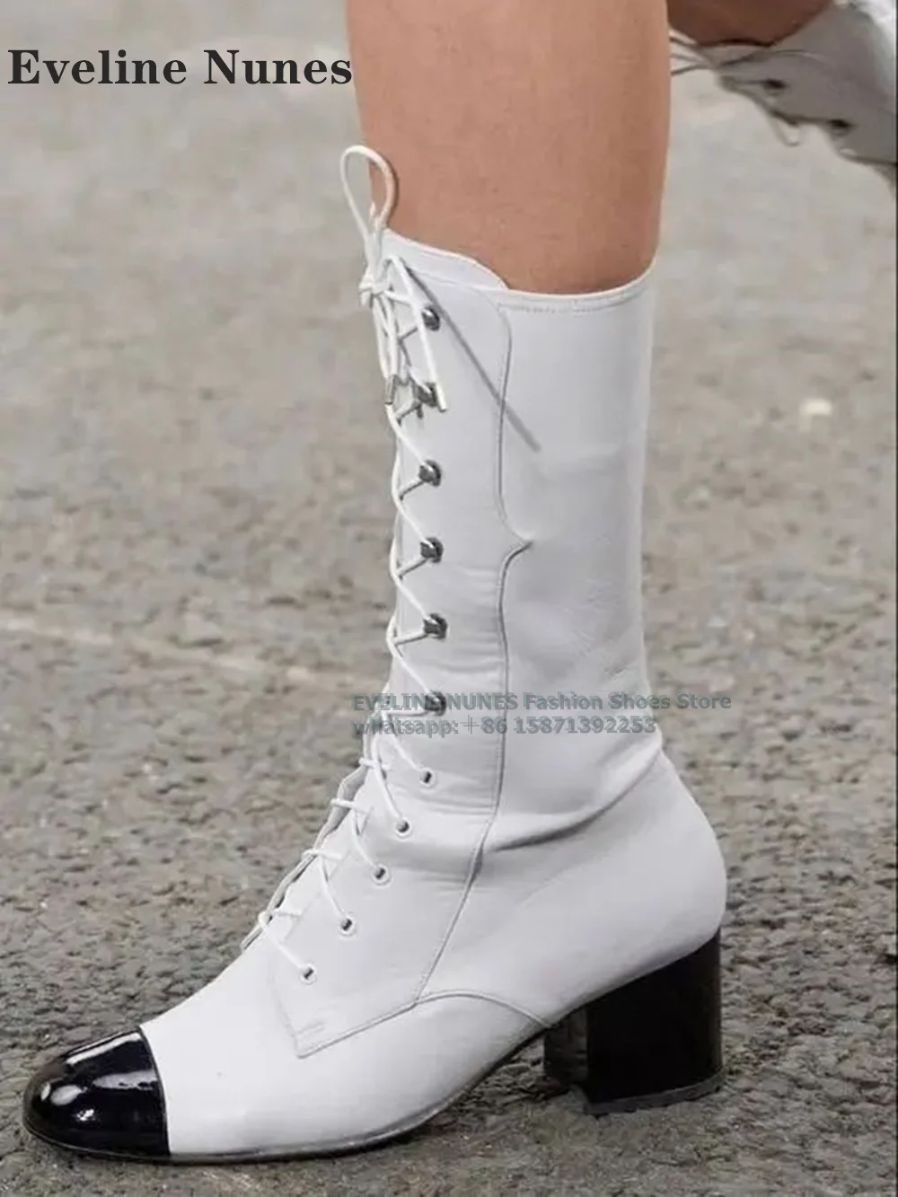 Cross Tied Block Heel Bicolor Mid Calf Boot Round Toe Patchwork Plus Size Spicy Girl Runway Show Shoes 2024 New Arrivals Trend