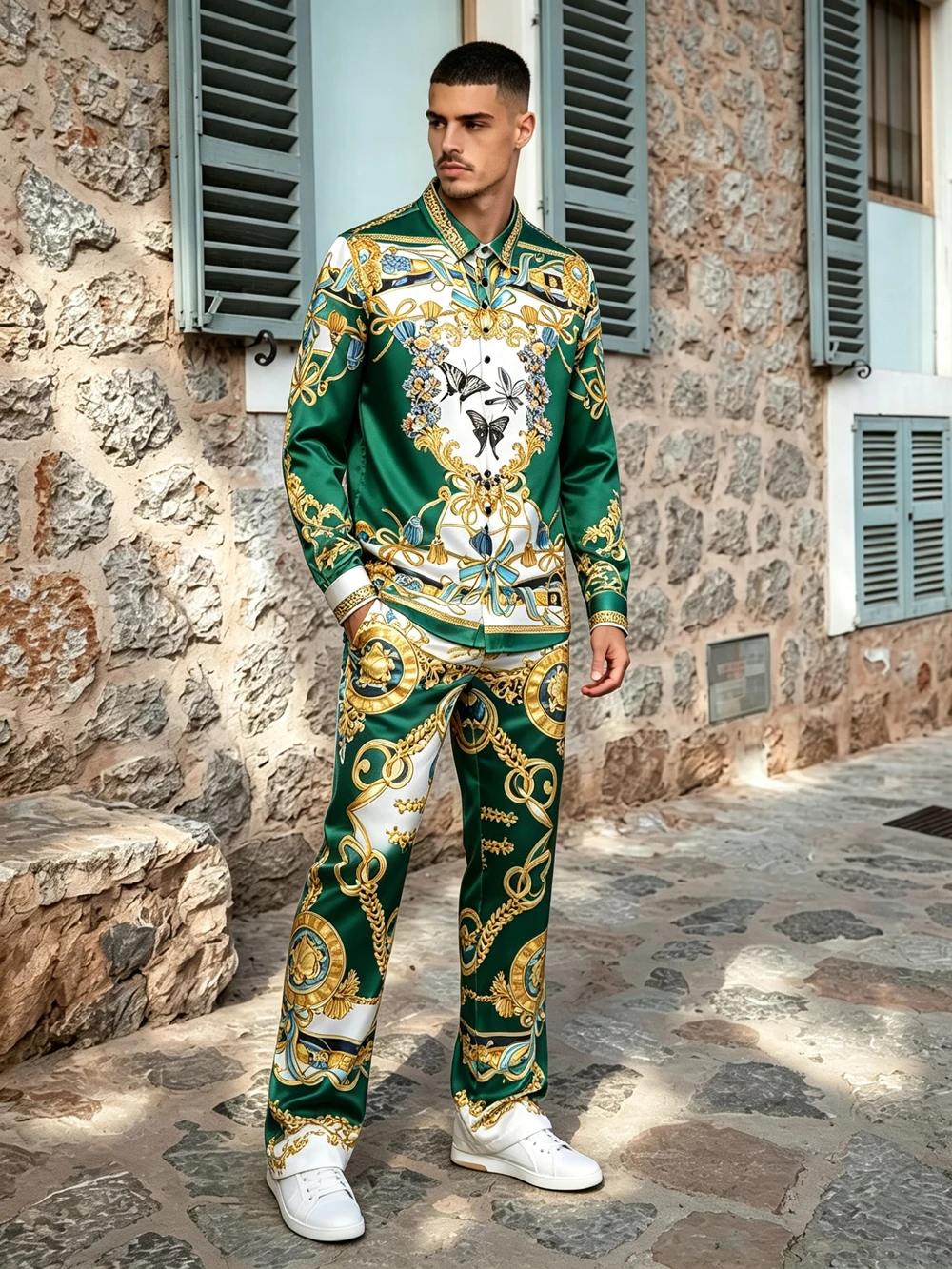 2026 Autumn Men's Light Luxury Casual Long Sleeve and Long Pants Set, Colorful Pattern Printed Shirt, Hawaiian Beach Vacation