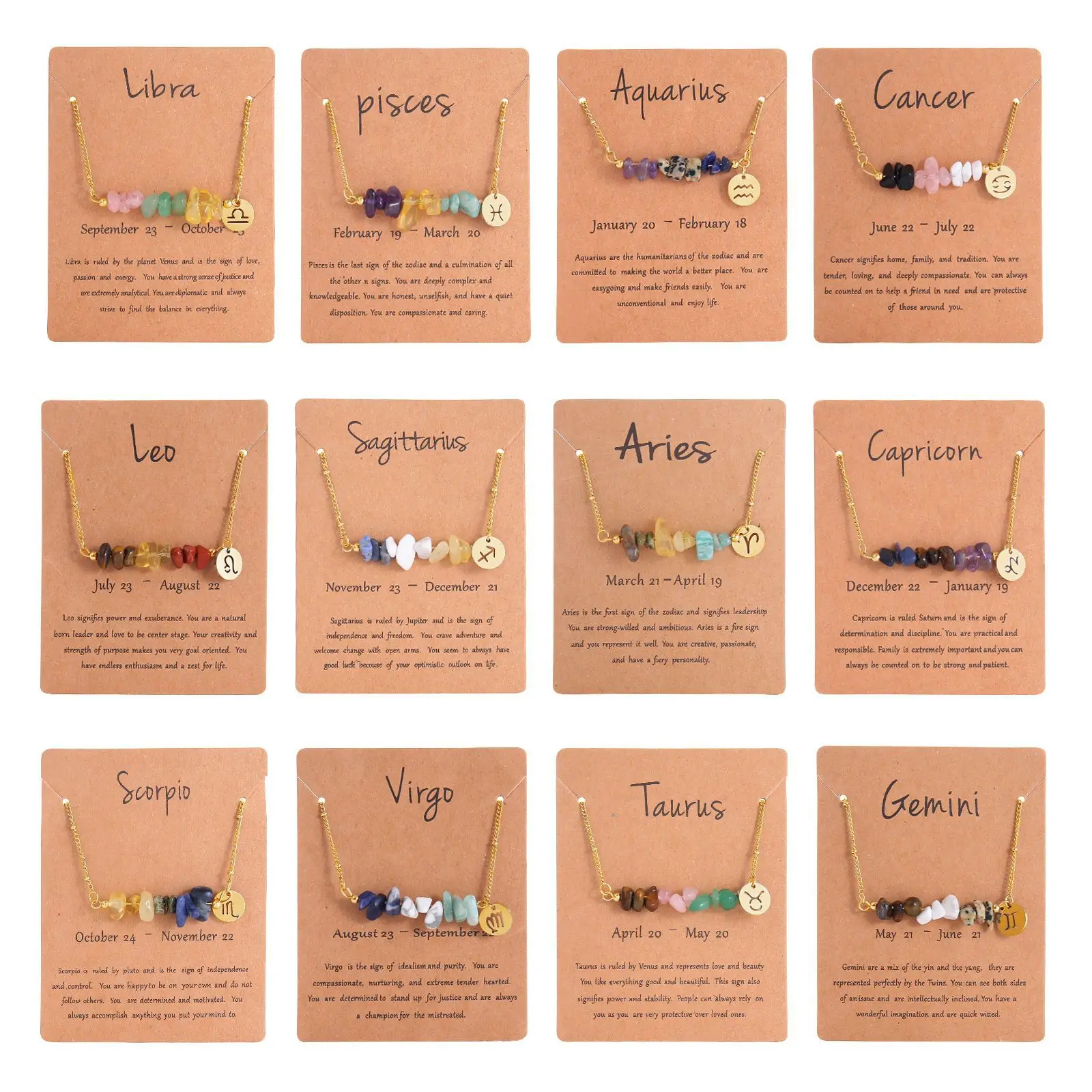 Wholesale 12 Zodiac Signs Constellation Pendant Natural Irregular Stone Beaded Choker Necklace Stainless Steel Party Birthday