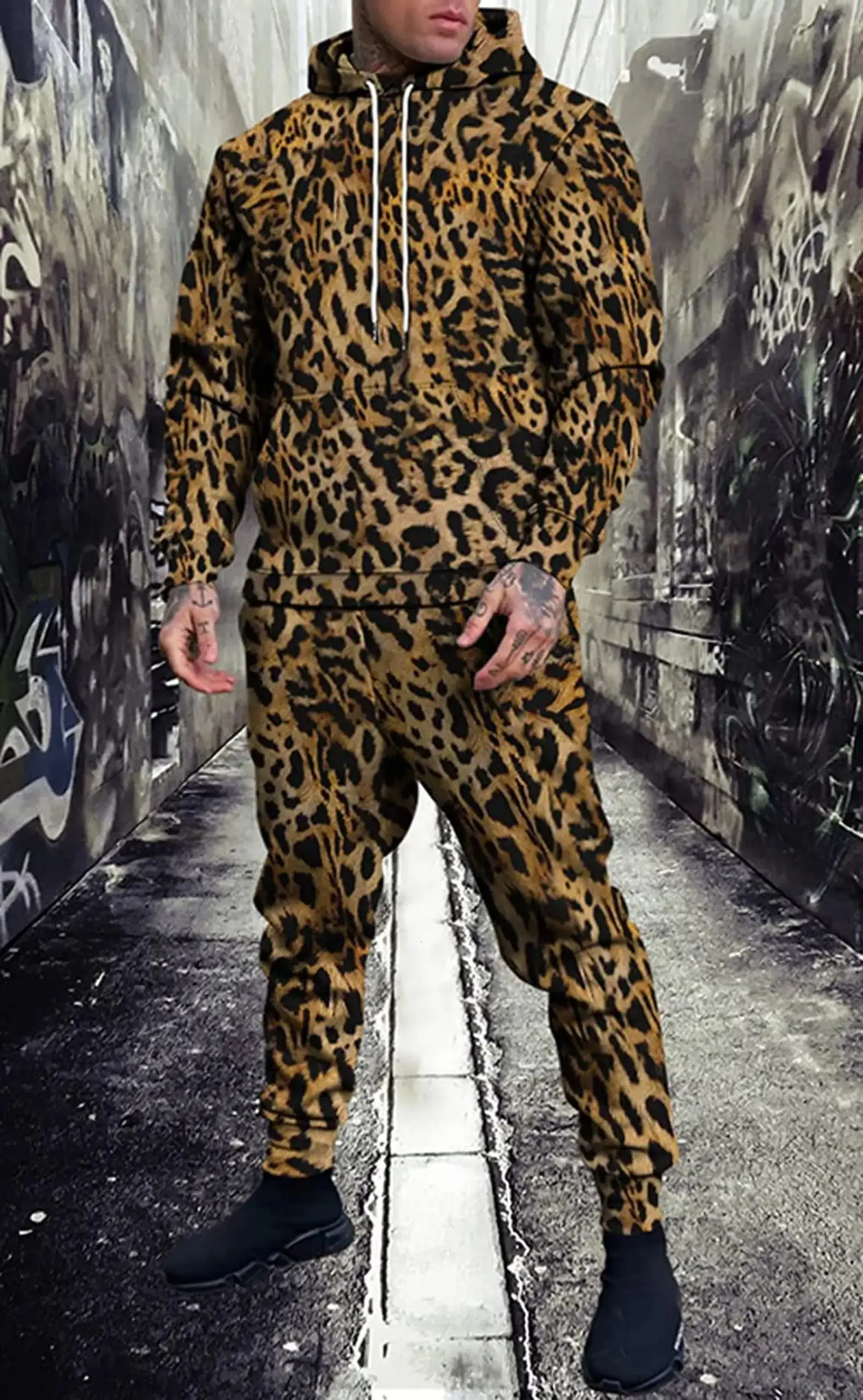 Men's 3D Leopard Print Hoodies 2-Piece Hooded Sweatshirt Sweatpants Set Autumn/Winter New Loose Casual Outdoor Tracksuit Outfits