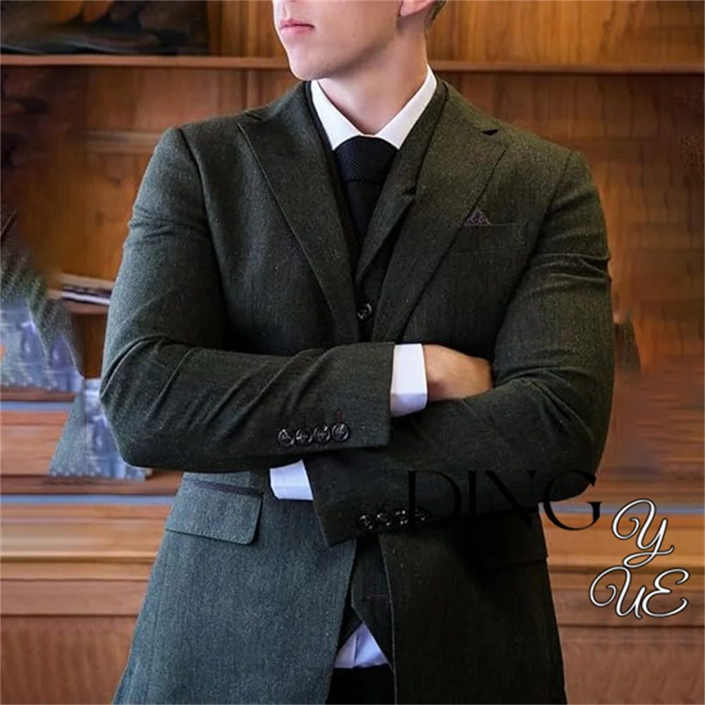 Classic Men's Suits Regular Fit 3 Piece Tuxedos Herringbone Notch Lapel Blazer Vest Pants for Wedding Grooms