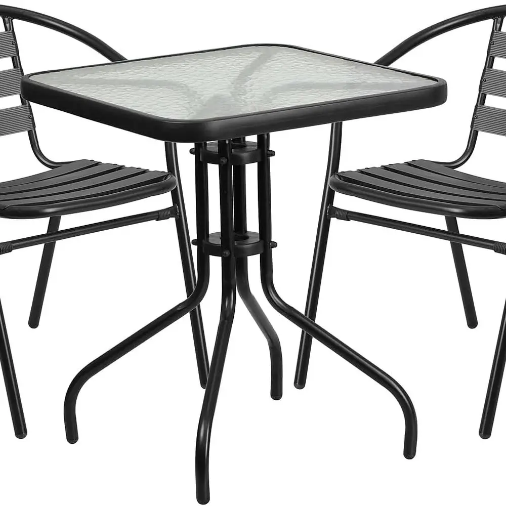 

23.5 Inch Square Glass and Metal Table with Two Stackable Black Metal Slat Chairs