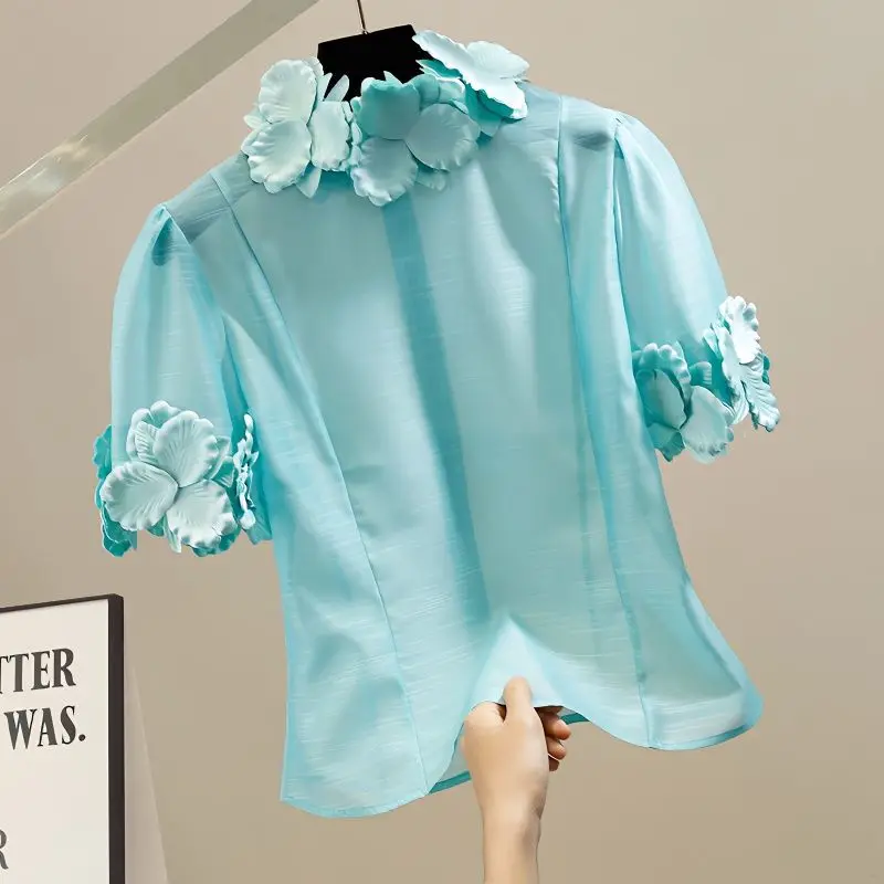 

Французская трехмерная однотонная рубашка с лепестками и воротником-стойкой, облегающая рубашка с короткими рукавами, модный темпераментный топ